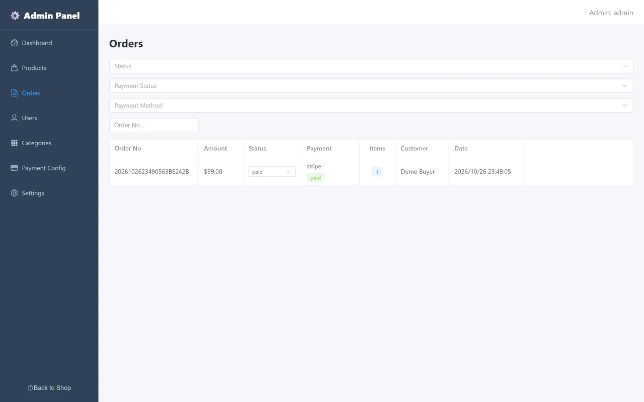 EC Shop Lite Python FastAPI + Vue 3 Store Script (Stripe, PayPal, COD) — screenshot 1