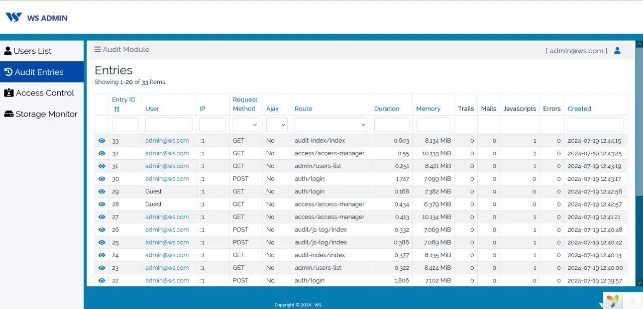 WS Admin Panel - RBAC, USERS Management and AUDIT Entries Monitoring — screenshot 1