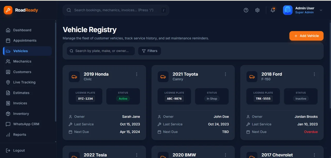 RoadReady Service Hub Vehicle Service Management Dashboard — screenshot 4