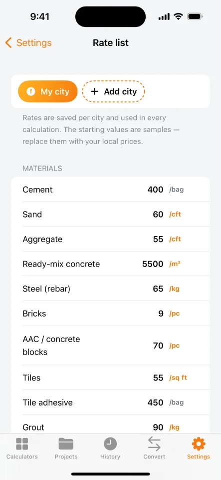 BuildCalc Construction & Material Cost Calculator (iOS SwiftUI) — screenshot 7