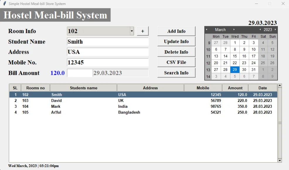 Smart Hostel Meal-Bill Management System in Python — screenshot 2