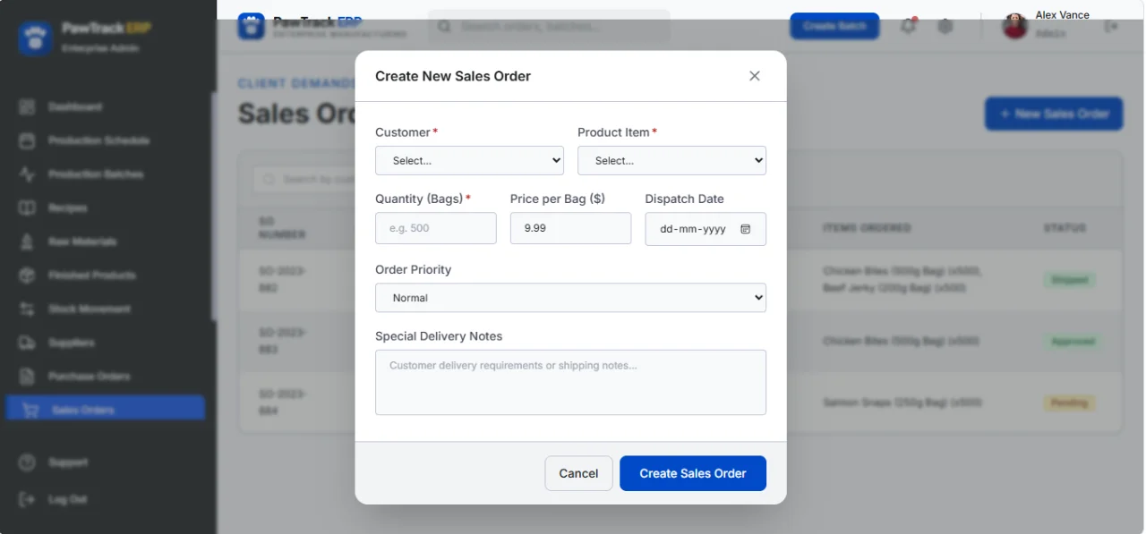 PawTrack ERP Enterprise Manufacturing System — screenshot 4