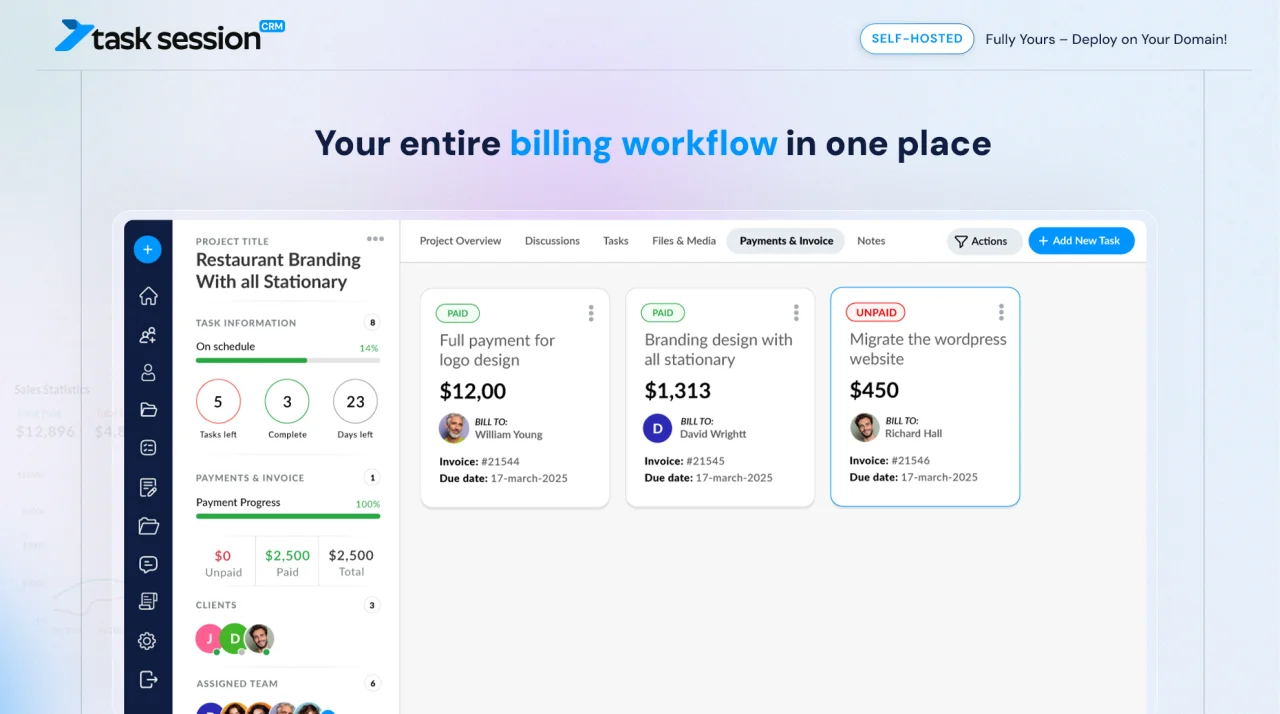 Task Session Self-Hosted CRM, Projects, Invoicing & Client Portal (PHP) — screenshot 1