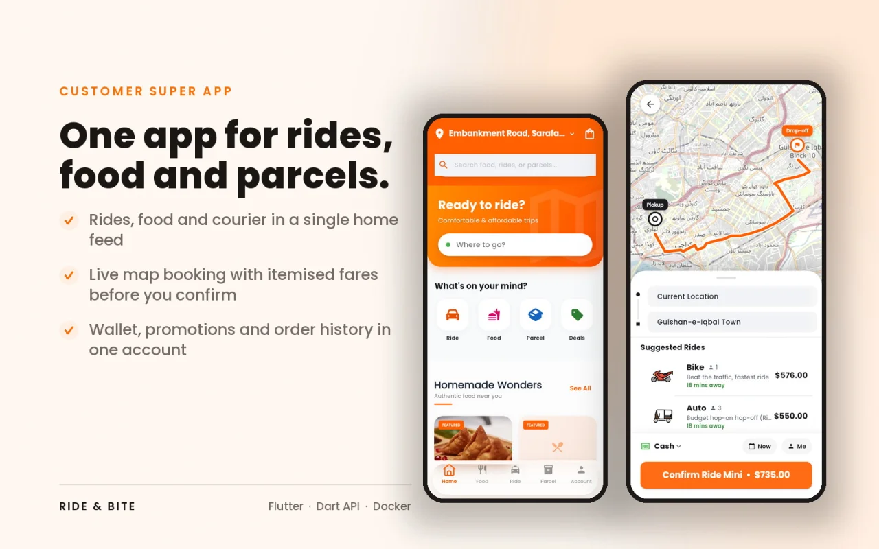 Ride & Bite - Flutter Ride Hailing, Food & Parcel Delivery App with Admin & API — screenshot 1