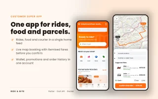 Ride & Bite - Flutter Ride Hailing, Food & Parcel Delivery App with Admin & API
