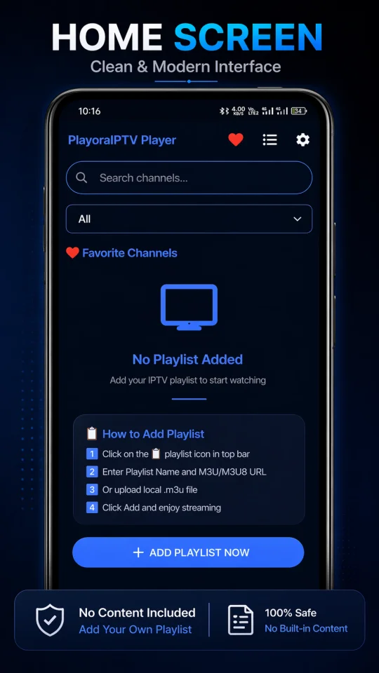 Playora IPTV Player Android M3U/M3U8 Streaming App (Kotlin + ExoPlayer) — screenshot 1