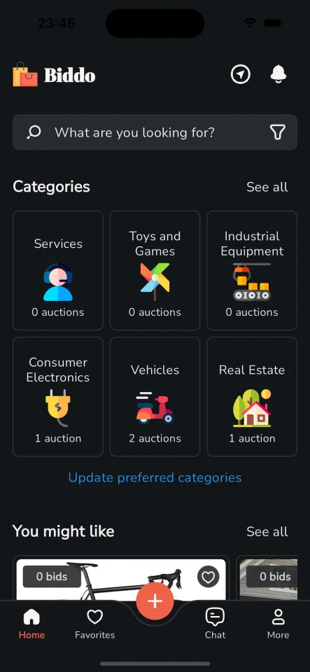 Biddo - Full Flutter Auction App, Node.js Server with Docker (with Chat) — screenshot 1