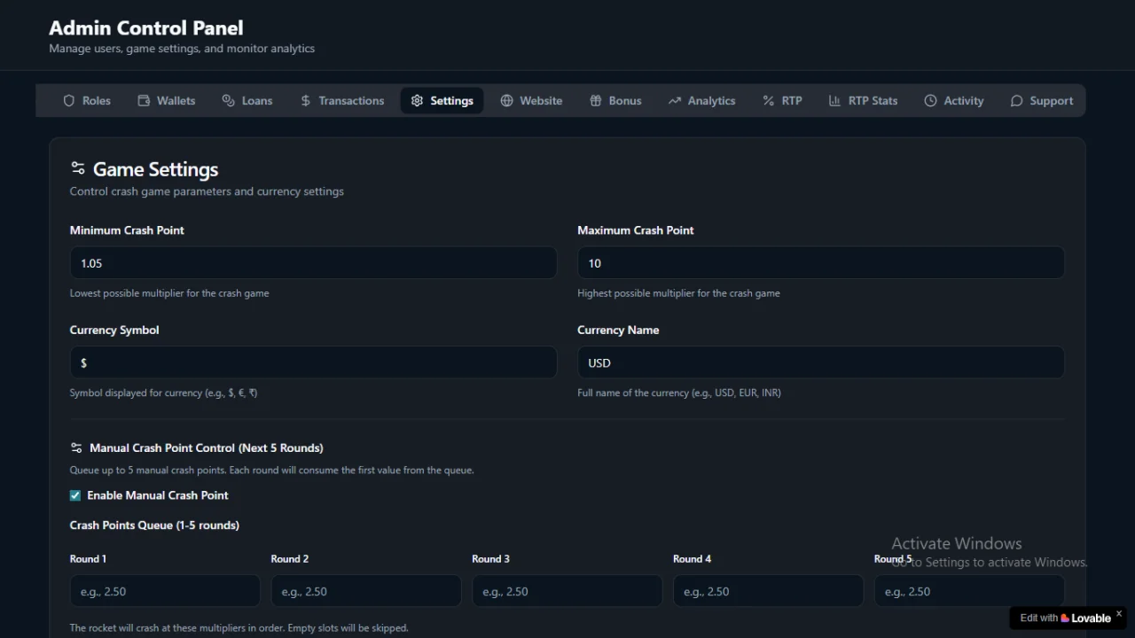 Crash Game Node.js Realtime Engine + Advanced RTP Control + Wallet & Referral System (Full Admin Panel) — screenshot 10