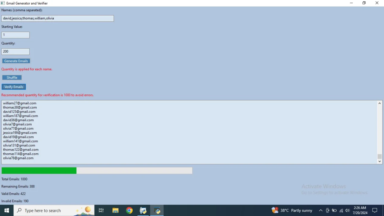 Bulk Gmail Address Generator & Verifier — screenshot 1