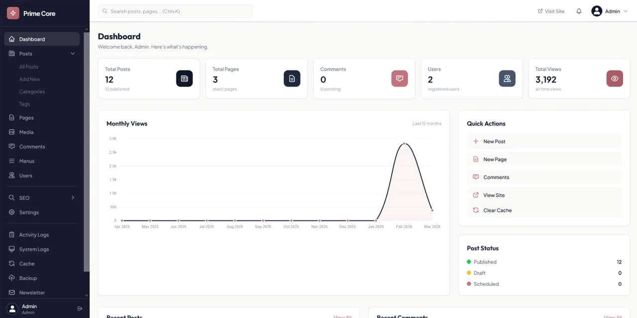 PrimeCore CMS Powerful Pure PHP Website CMS — screenshot 1