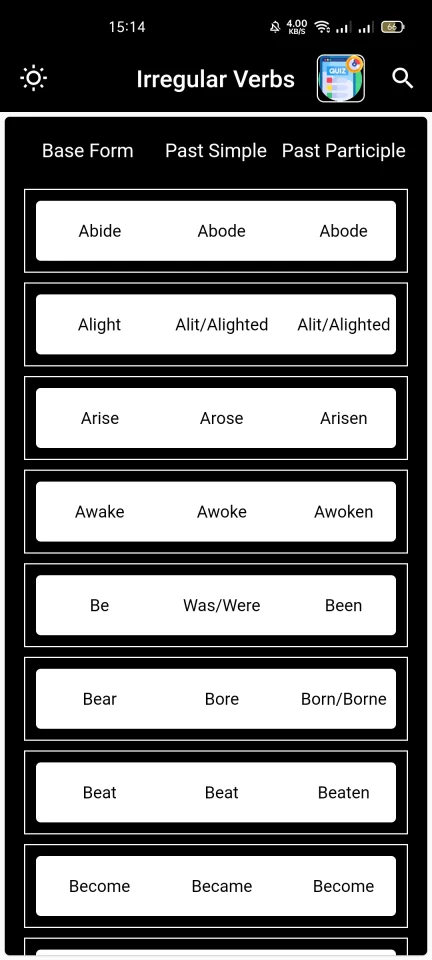 Flutter Irregular Verbs App - English Course App Source Code — screenshot 1