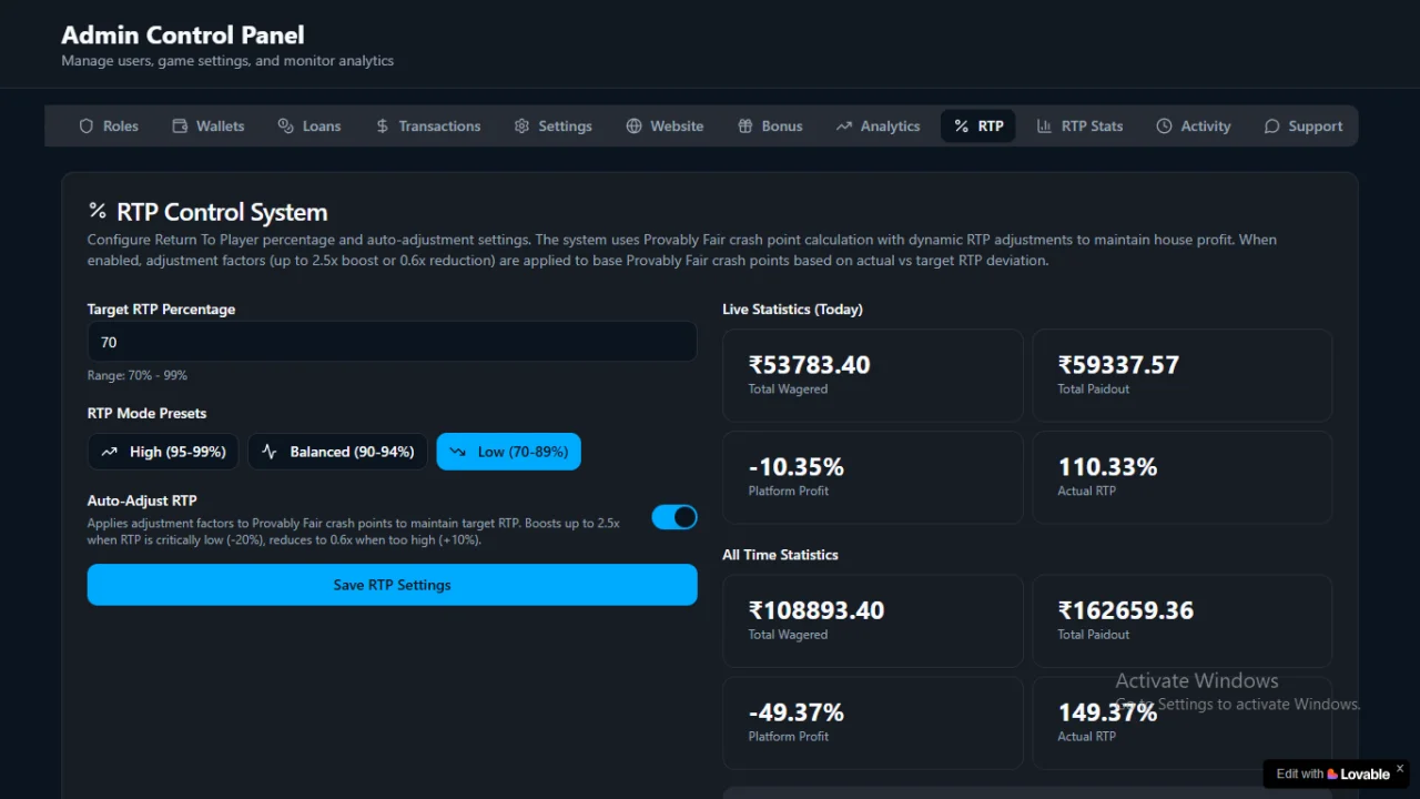 Crash Game Node.js Realtime Engine + Advanced RTP Control + Provably Fair + Referral & Wallet System (Full Admin Panel) — screenshot 10