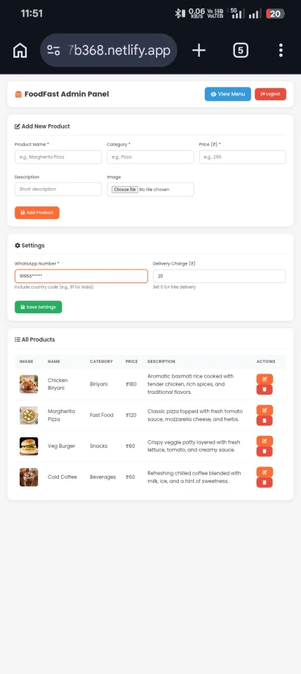 FoodFast WhatsApp Food Ordering System with Admin Panel (PWA) — screenshot 5