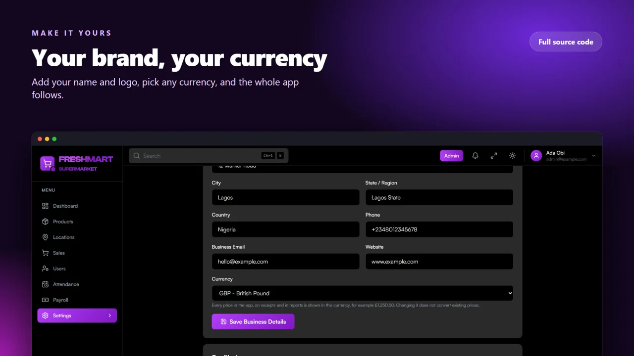 Supermarket POS, Inventory & Face Attendance (Next.js + Node.js) — screenshot 1