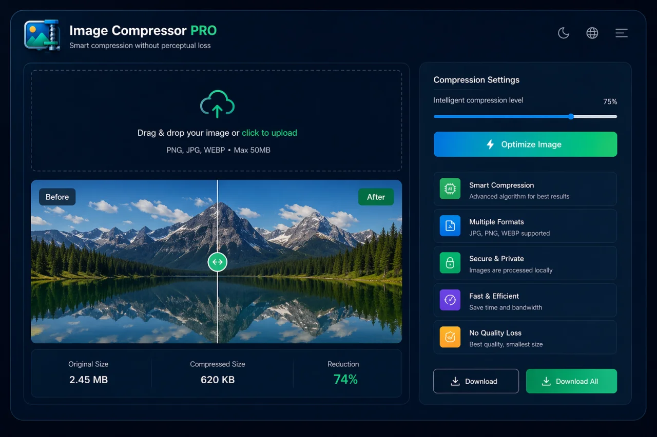Image Compressor Pro Smart JPG PNG WEBP Optimizer Tool — screenshot 1
