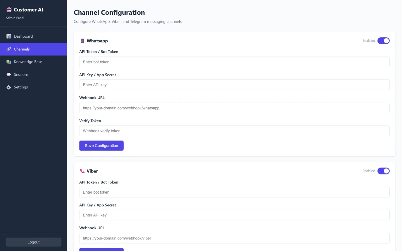 Customer AI Multi-Channel AI Customer Service Chatbot (Python + React) — screenshot 3