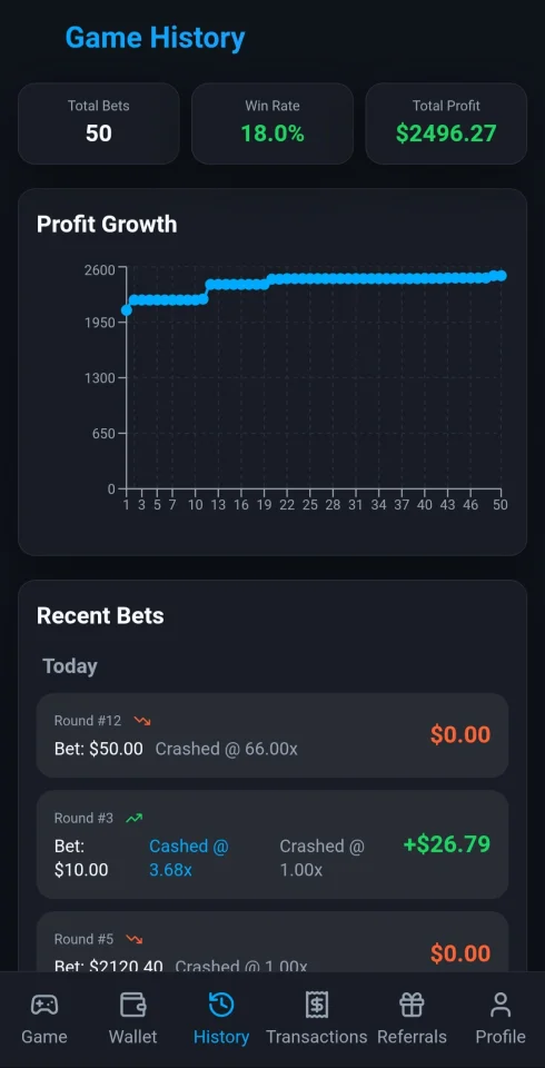 Crash Game Node.js Realtime Engine + Advanced RTP Control + Wallet & Referral System (Full Admin Panel) — screenshot 4