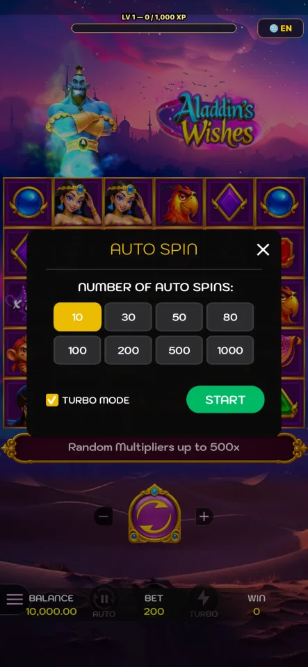 Aladdin Wishes Cascading Slot Game (Cocos Creator 3.8.8, iOS) — screenshot 1