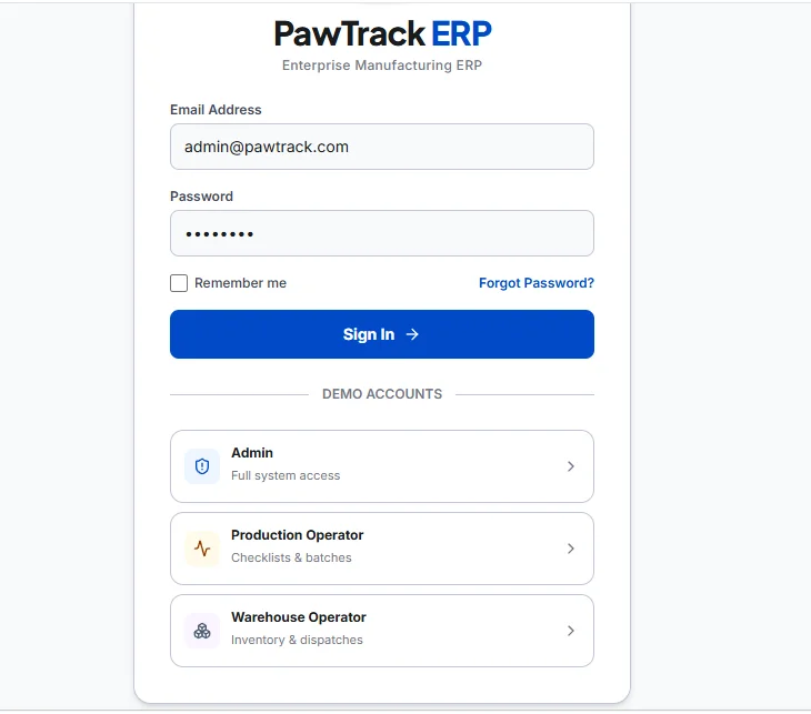 PawTrack ERP Enterprise Manufacturing System — screenshot 2