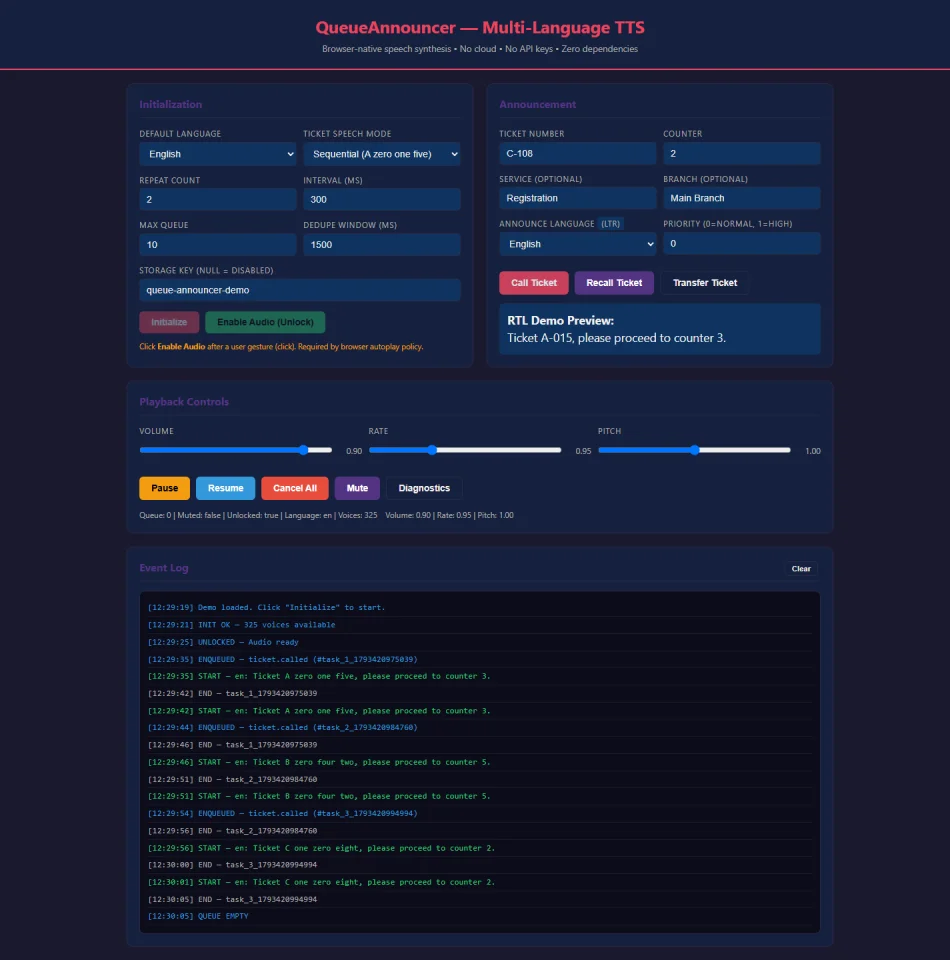 Queue Announcer Multi-Language TTS for Queue Systems — screenshot 2