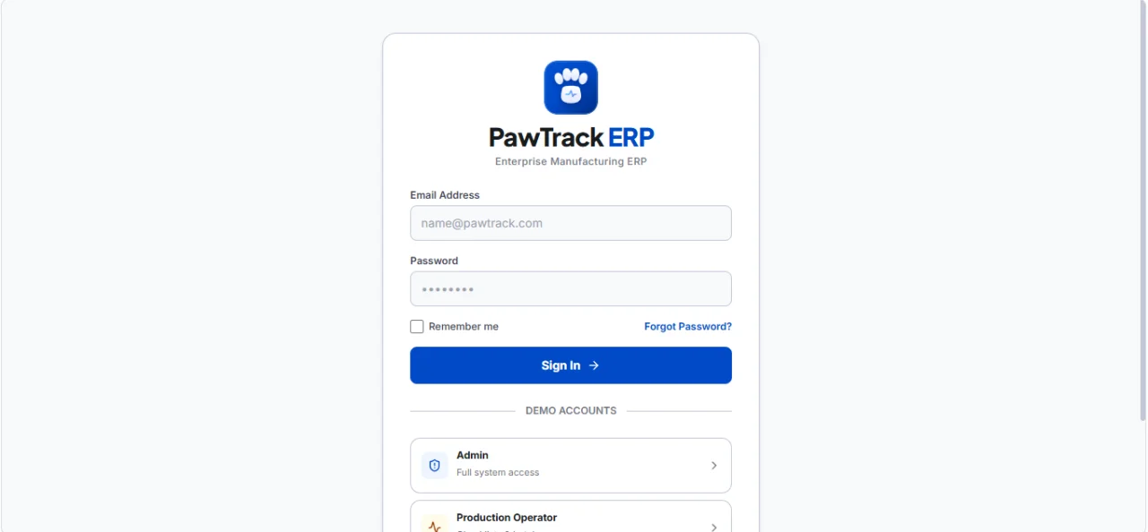 PawTrack ERP Enterprise Manufacturing System — screenshot 1
