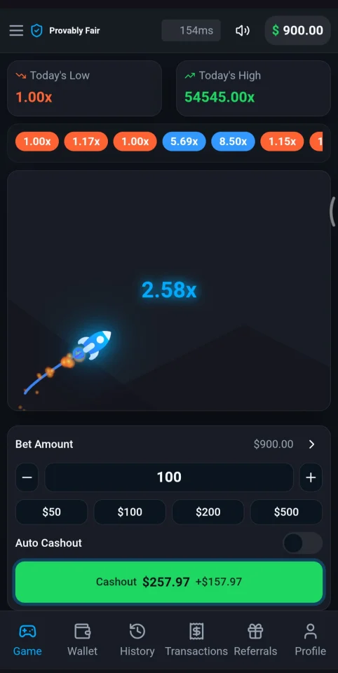 Crash Game Node.js Realtime Engine + Advanced RTP Control + Wallet & Referral System (Full Admin Panel) — screenshot 1