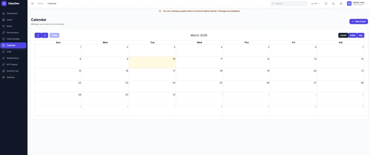 Laravel 12 Admin Panel Starter + File Manager + CRUD Builder + Chat + Calendar — screenshot 3