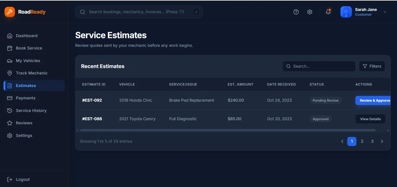 RoadReady Service Hub Vehicle Service Management Dashboard — screenshot 1
