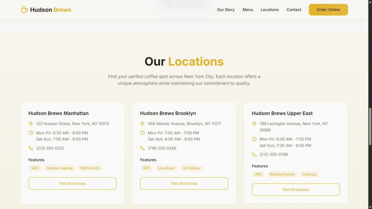 Hudson Brews Premium NYC Coffee Shop Website — screenshot 3