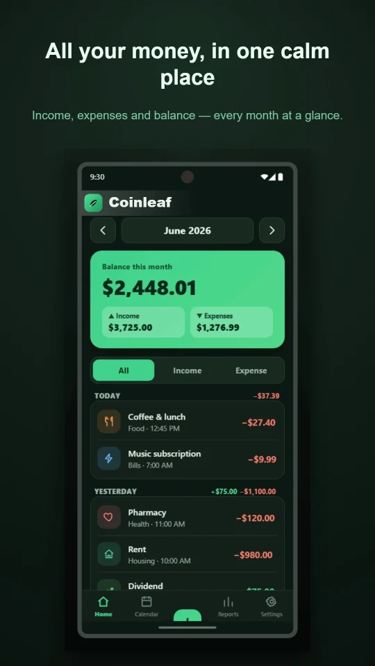 Coinleaf Offline Expense & Money Tracker (Android | Full App + Source Code) — screenshot 1