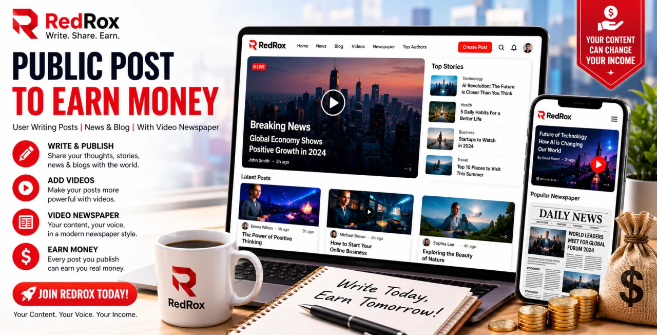 RedRox - Public Post to Earn Money (User Writing Posts News & Blog with Video Newspaper) — screenshot 1