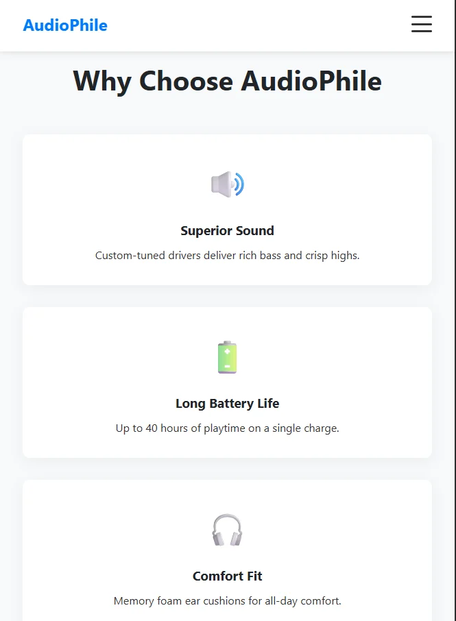 AudioPhile - Headphones Landing Page HTML Template — screenshot 5