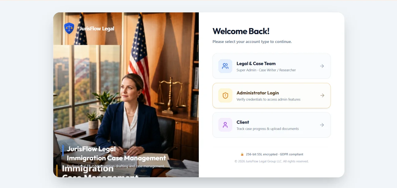 JurisFlow - Legal Practice & Immigration Case Management Portal. — screenshot 1