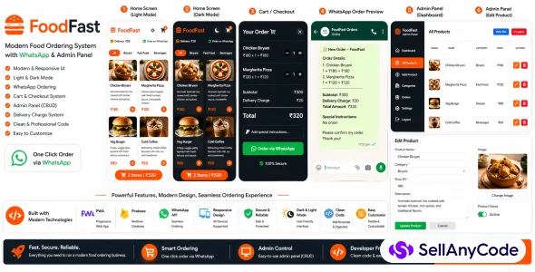 FoodFast WhatsApp Food Ordering System with Admin Panel (PWA)
