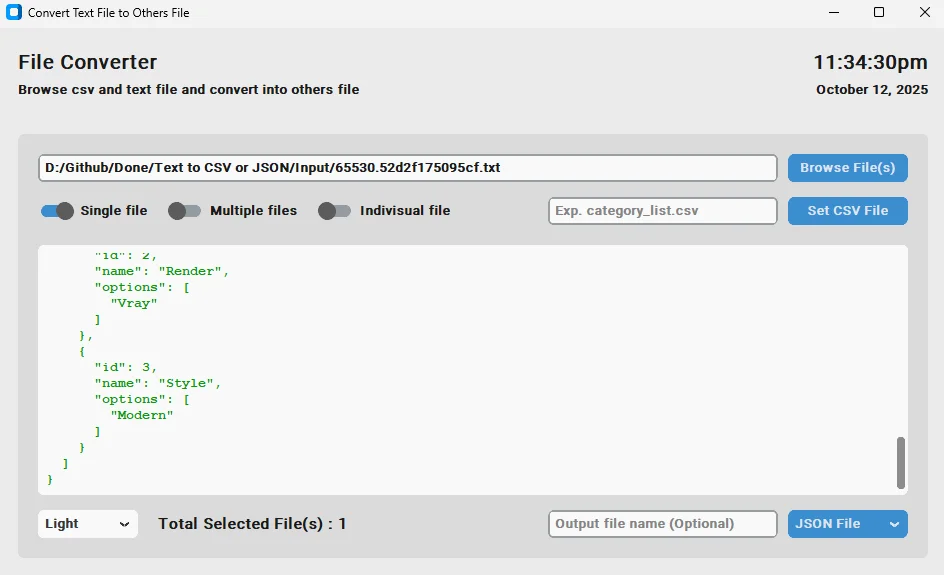 Modern CTk Text to CSV/JSON Converter with Dark Mode — screenshot 2