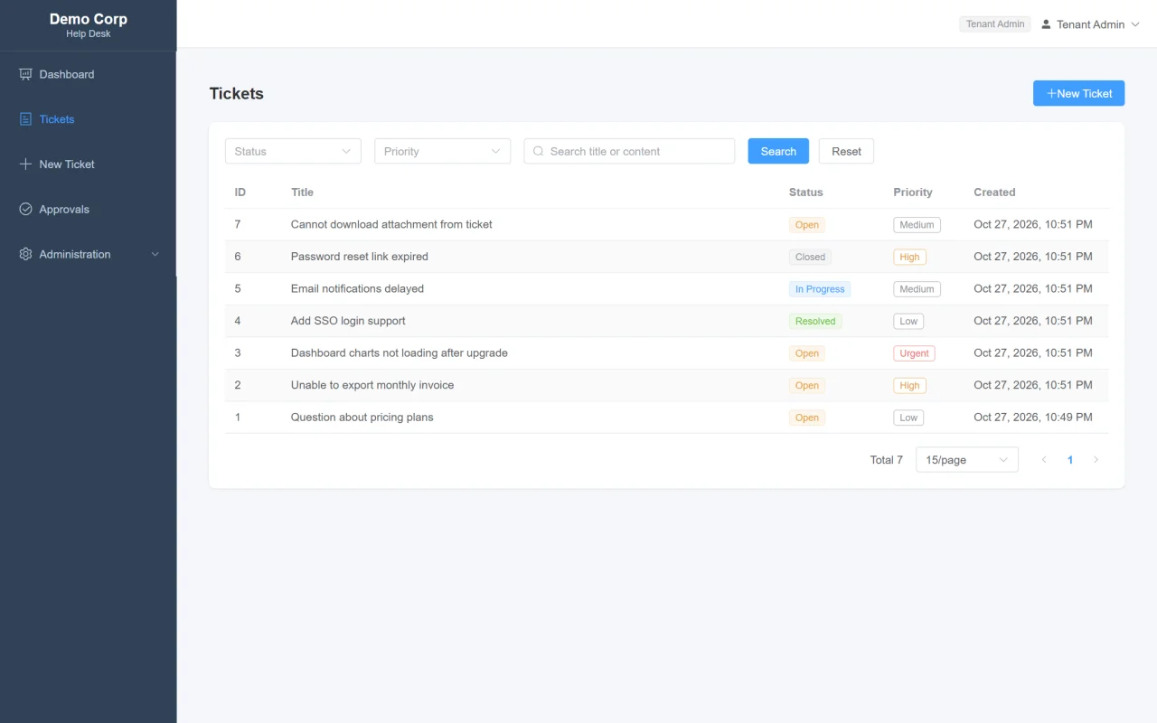 TenantHelp Multi-Tenant Help Desk & Ticketing System (Spring Boot + Vue 3) — screenshot 5