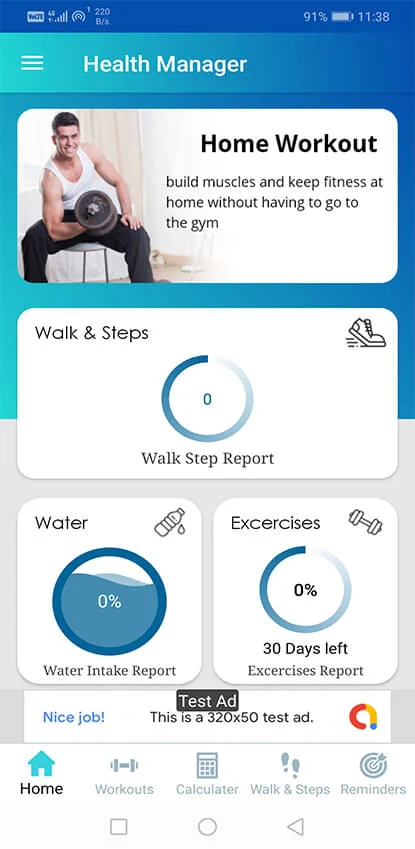 Workout Manager & Health Calculator for Fitness (Water Medicine Reminder & Pedometer) — screenshot 1