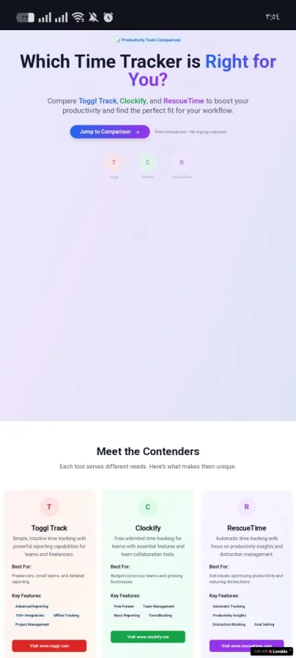 Modern Time Tracking Tools Landing Page Toggl vs Clockify vs RescueTime vs TimeCamp — screenshot 3