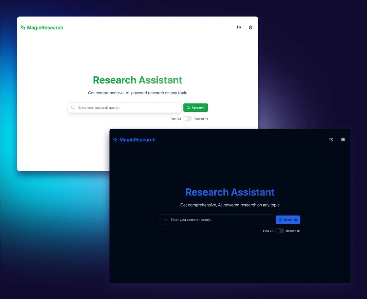 MagicResearch: AI-Powered Research Assistant - v3, R1 Deepseek API, Full App Template, Web App — screenshot 1