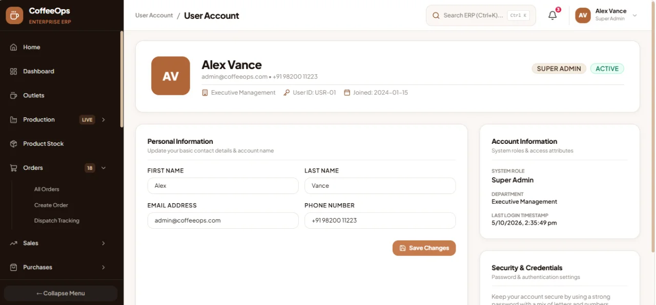 BrewFlow ERP Coffee Production, Distribution & Sales Management System — screenshot 3