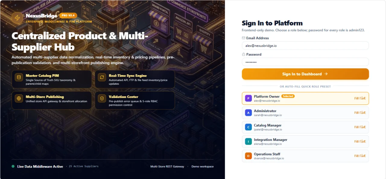 NexusBridge Enterprise PIM & Middleware Platform — screenshot 1