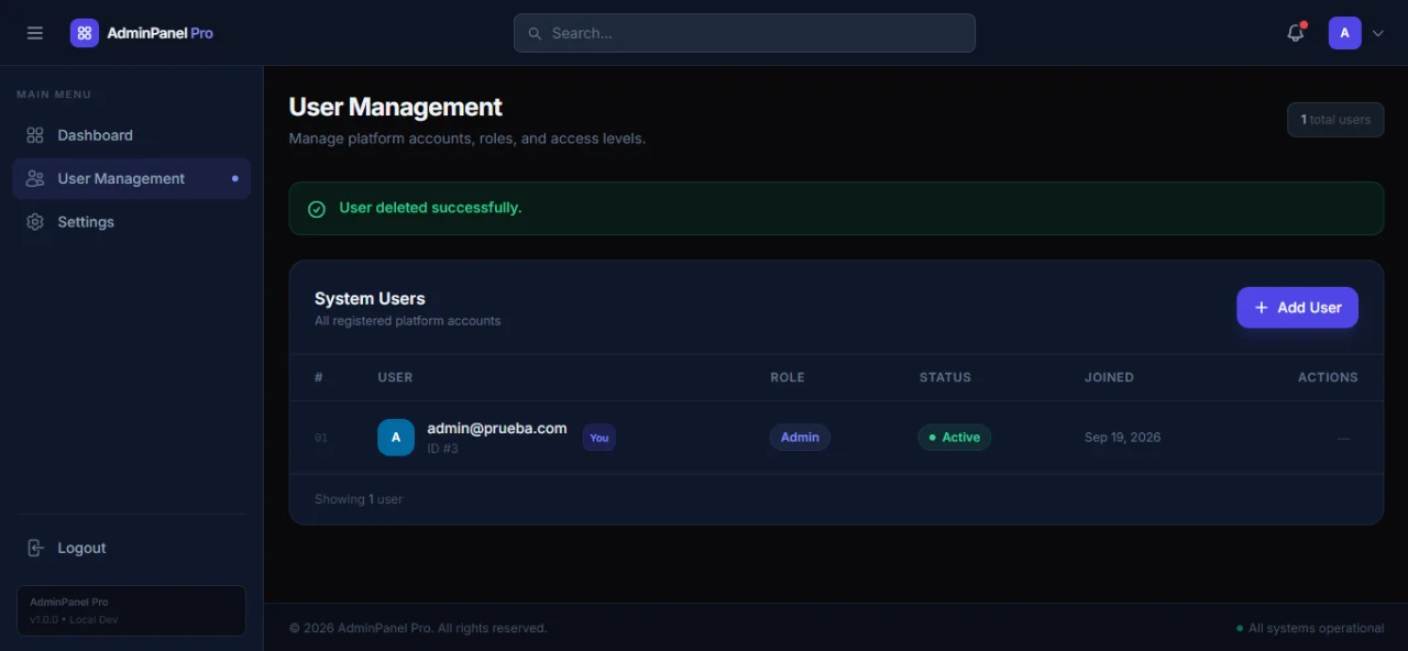 🚀 AdminPanel Pro – PHP Admin Dashboard, Login, User CRUD, Tailwind CSS & Chart.js — screenshot 1