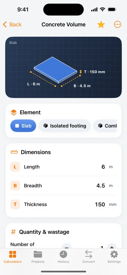 BuildCalc Construction & Material Cost Calculator (iOS SwiftUI) — screenshot 1