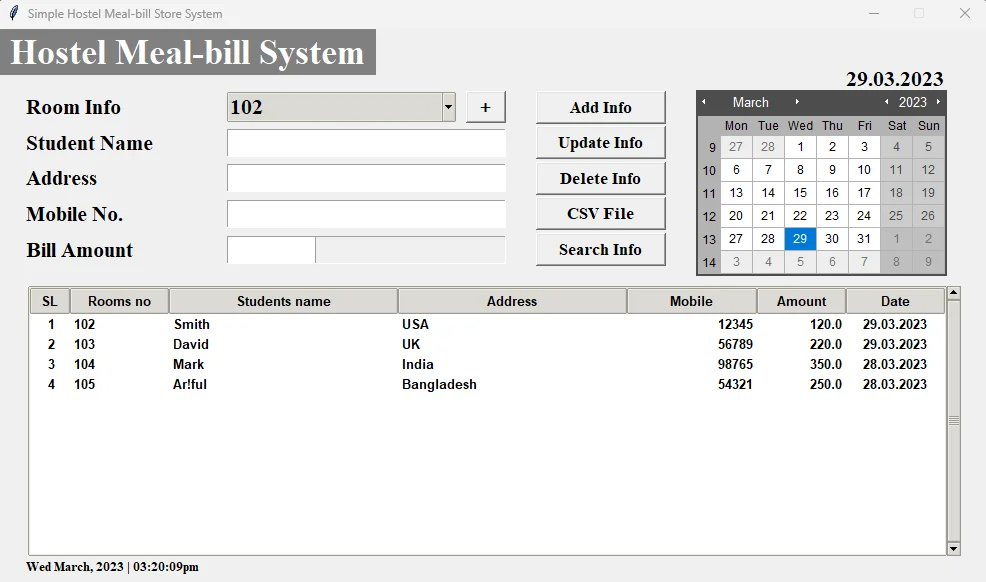 Smart Hostel Meal-Bill Management System in Python — screenshot 1