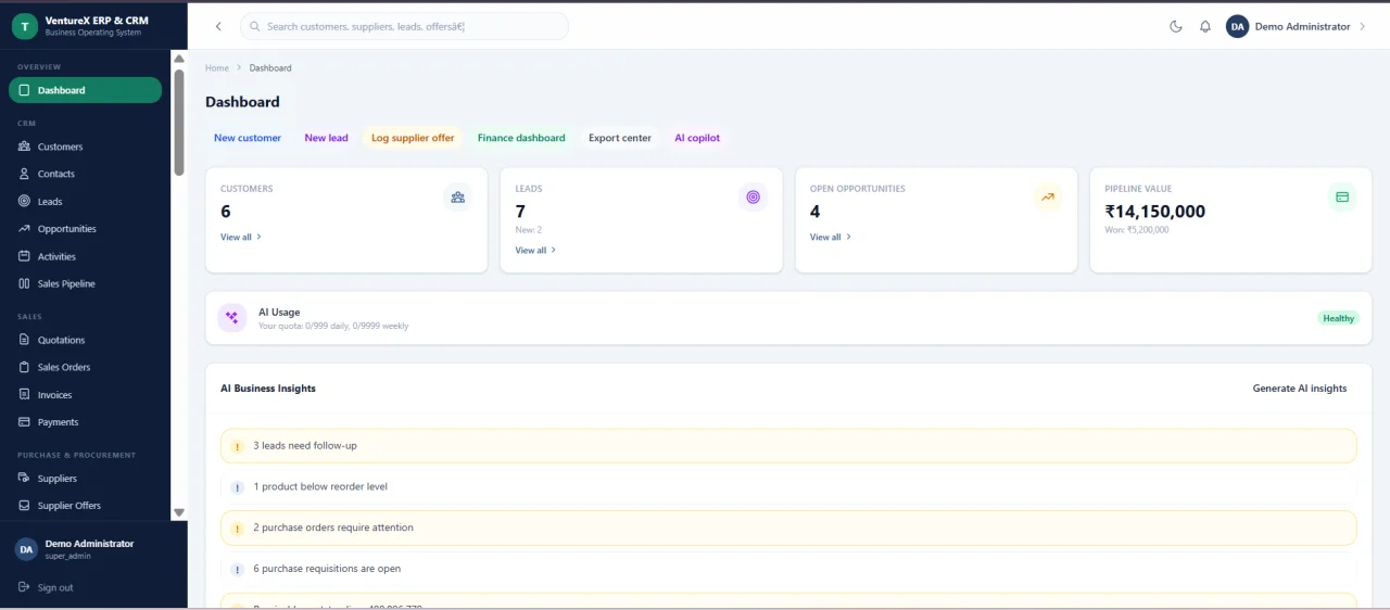 VentureX ERP & CRM AI-Powered Business Operating System — screenshot 1