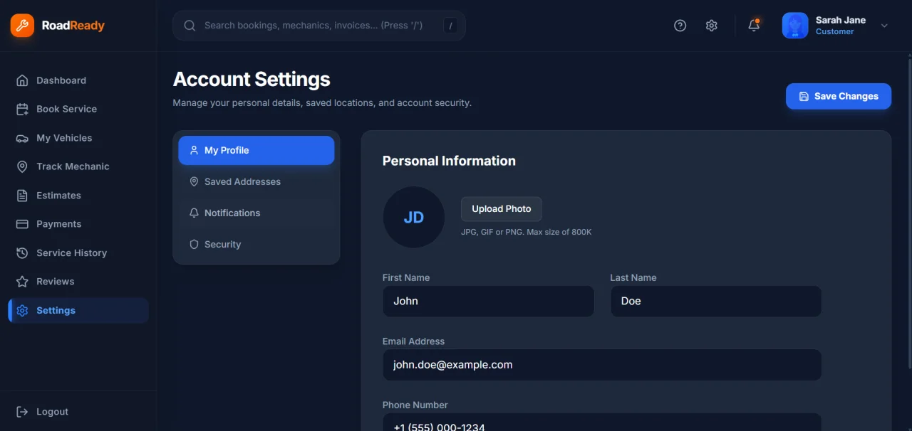 RoadReady Service Hub Vehicle Service Management Dashboard — screenshot 2