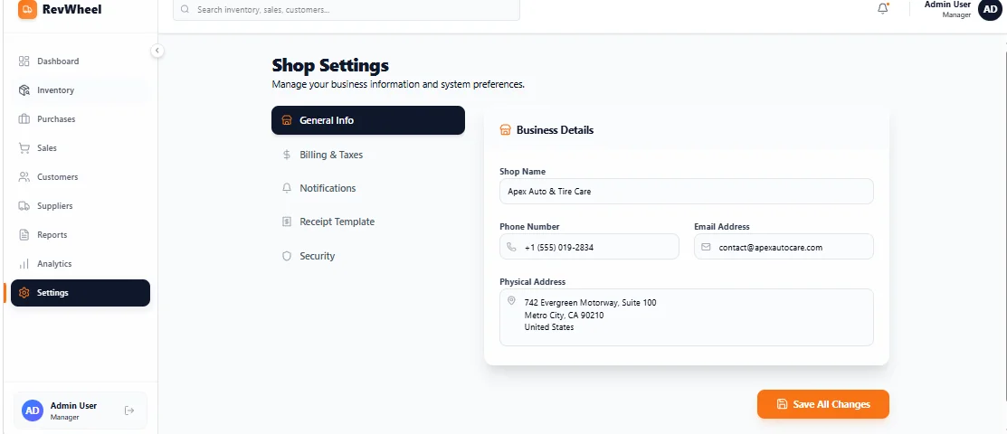 RevWheel Tire Shop & Automotive Garage Management POS — screenshot 2