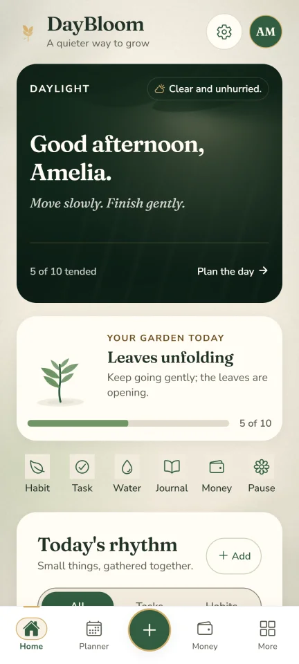 DayBloom Expo + TypeScript habit, planner, money & journal app — screenshot 1