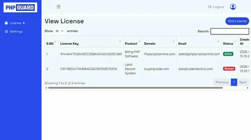 PHP License Management Script — screenshot 2