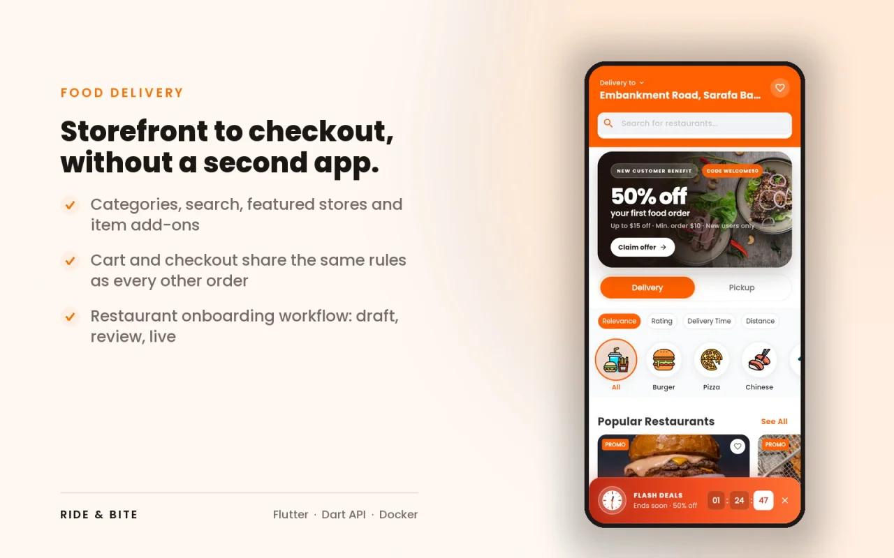 Ride & Bite - Flutter Ride Hailing, Food & Parcel Delivery App with Admin & API — screenshot 3